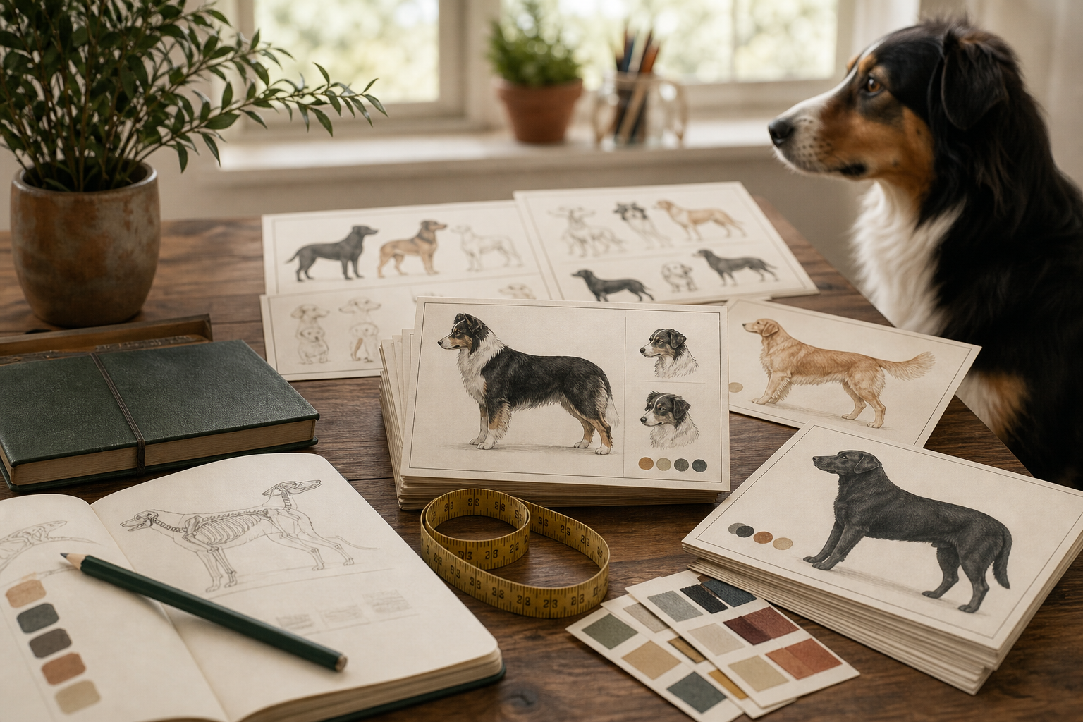 Cartes de référence, croquis et repères morphologiques de races de chiens sur une table de travail